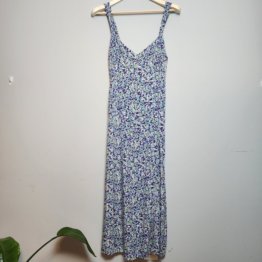 ZARA Floral Print V-Neck Sleeveless Midi Dress Blue Purple Green Size Large